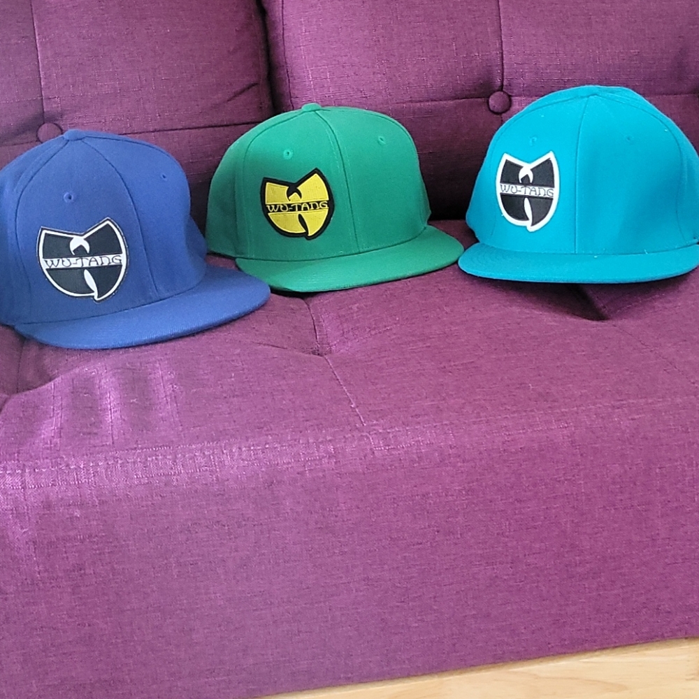 3 hats with sewn on  wutang patches.